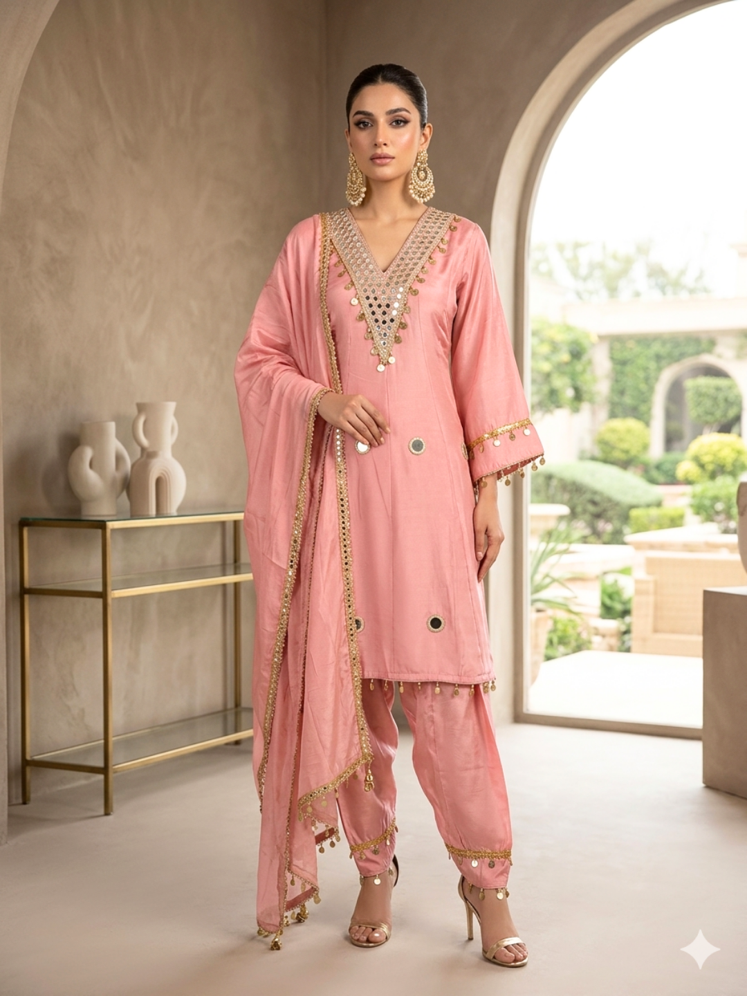 Mirror Work & Gold Coin Embellished Straight Kurta with Salwar & Dupatta