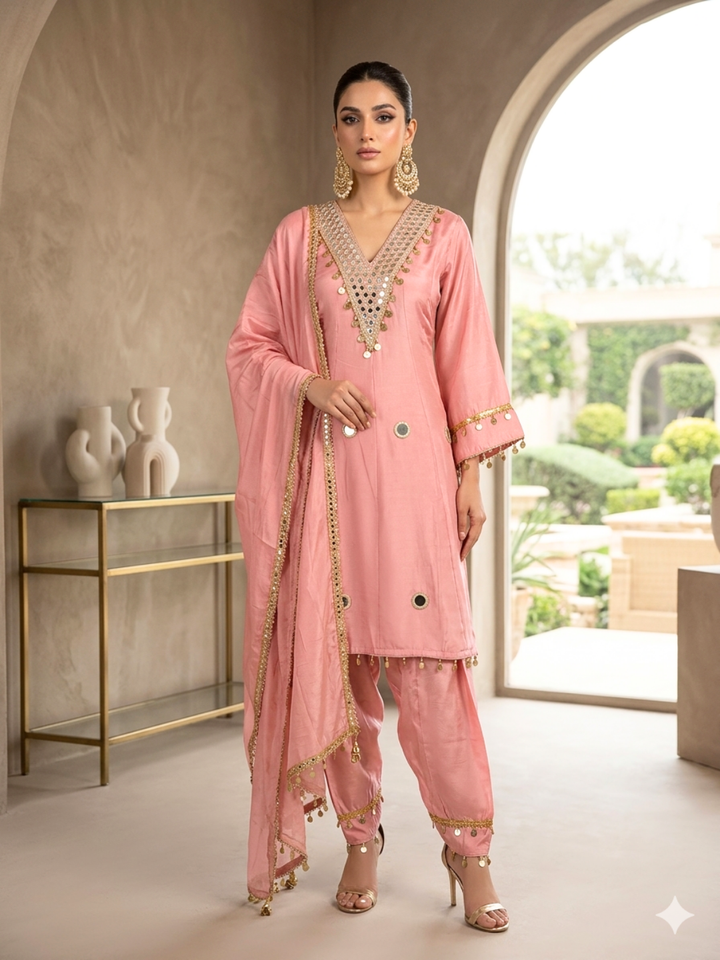Mirror Work & Gold Coin Embellished Straight Kurta with Salwar & Dupatta