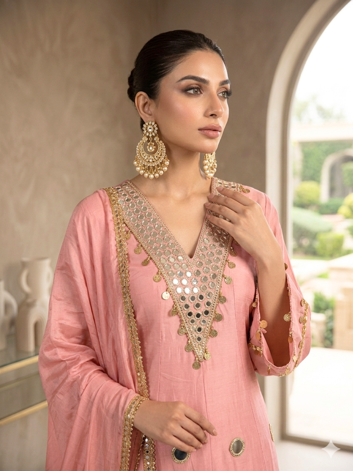 Mirror Work & Gold Coin Embellished Straight Kurta with Salwar & Dupatta