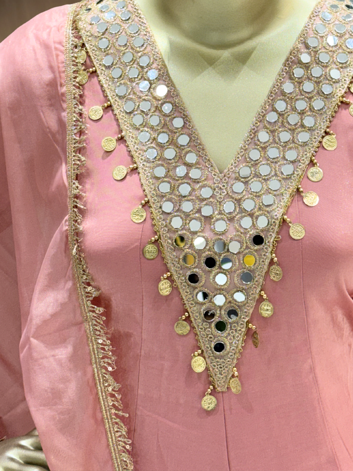 Mirror Work & Gold Coin Embellished Straight Kurta with Salwar & Dupatta