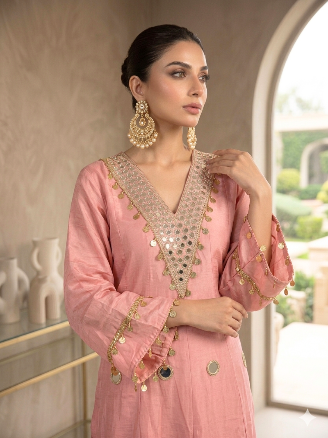Mirror Work & Gold Coin Embellished Straight Kurta with Salwar & Dupatta