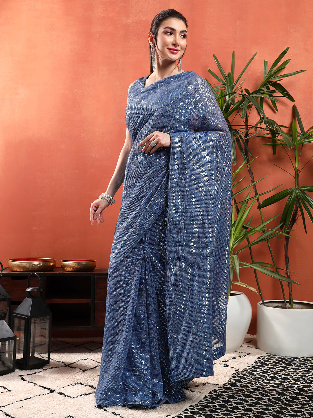 Cocktail Bling Flowy Embellished Saree with Allover Sequin Embroidery