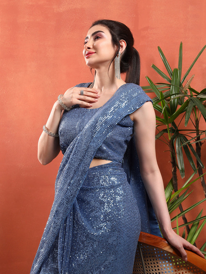 Cocktail Bling Flowy Embellished Saree with Allover Sequin Embroidery