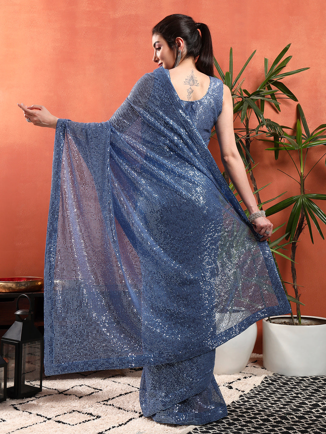 Cocktail Bling Flowy Embellished Saree with Allover Sequin Embroidery