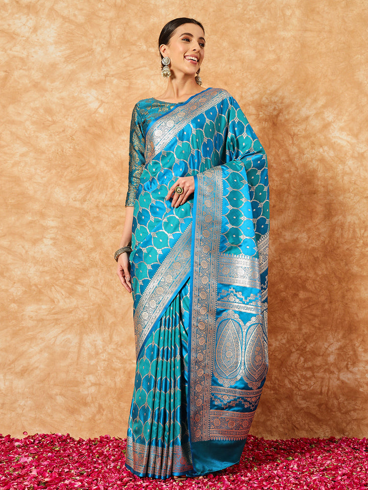 Two- Shaded Zari Resham Woven Banarasi Traditional Handloom Silk Saree
