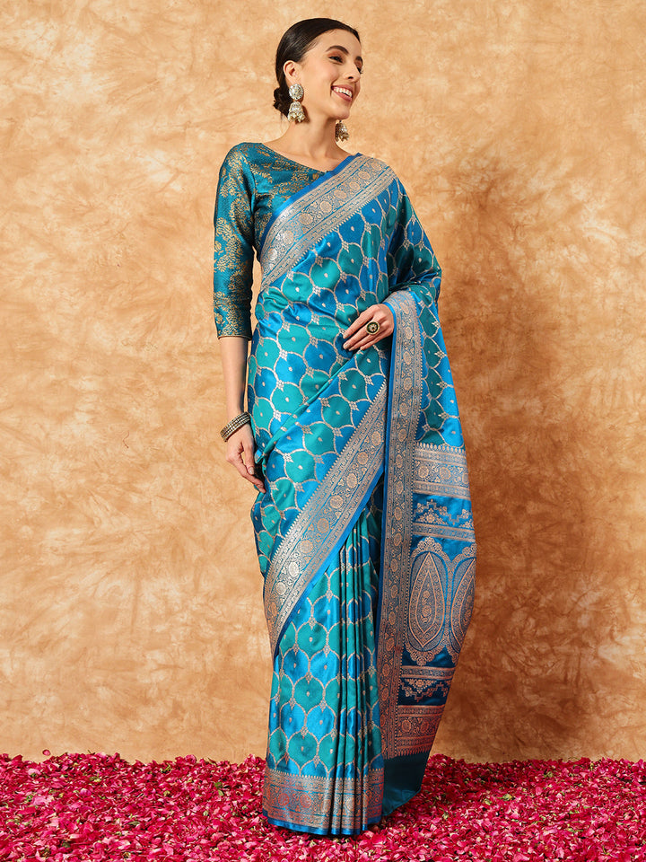 Two- Shaded Zari Resham Woven Banarasi Traditional Handloom Silk Saree