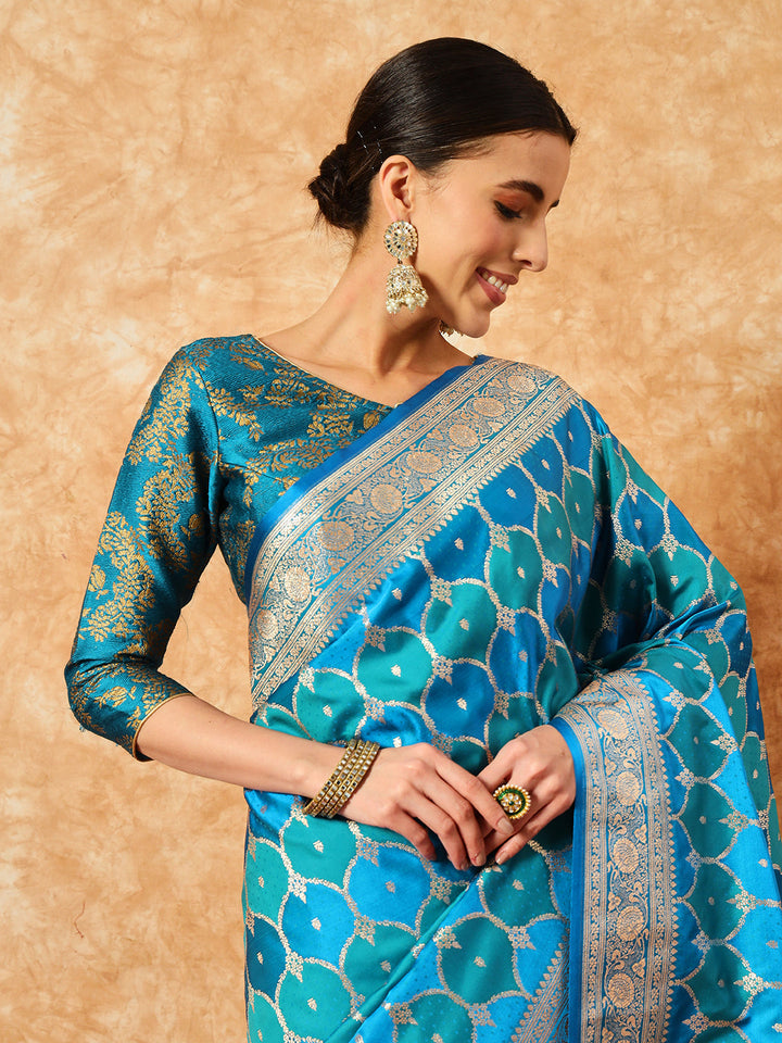 Two- Shaded Zari Resham Woven Banarasi Traditional Handloom Silk Saree