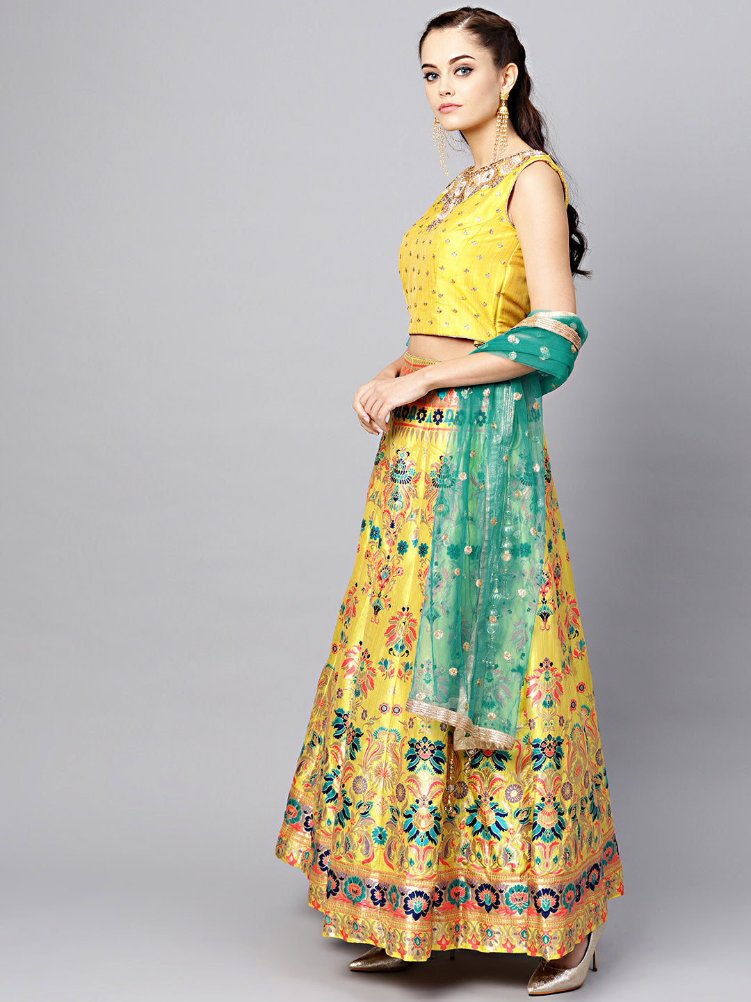Banarasi Silk Crop Top Lehenga with Kundan Work