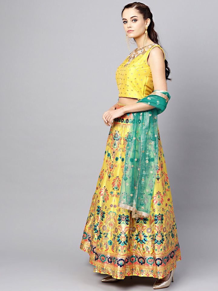 Banarasi Silk Crop Top Lehenga with Kundan Work