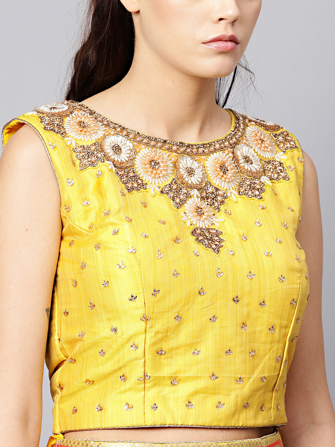 Banarasi Silk Crop Top Lehenga with Kundan Work