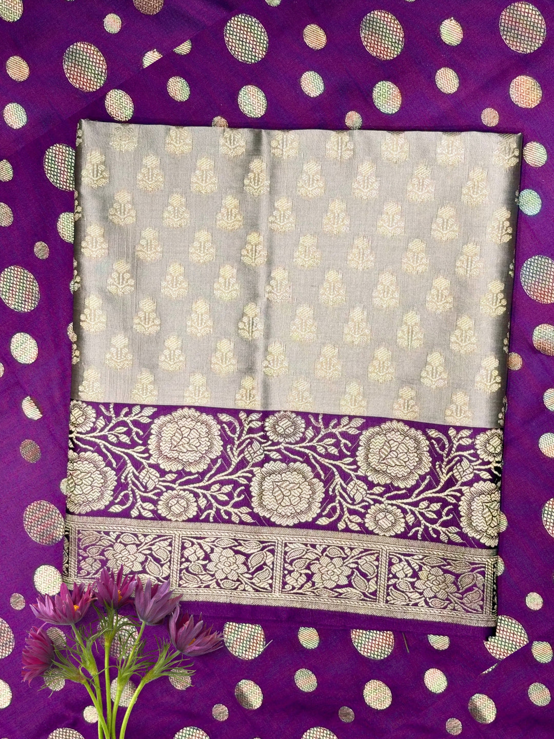 Banarasi Silk Colorblocked Dress Material with Floral Zari Woven Motifs & Jhalar Dupatta