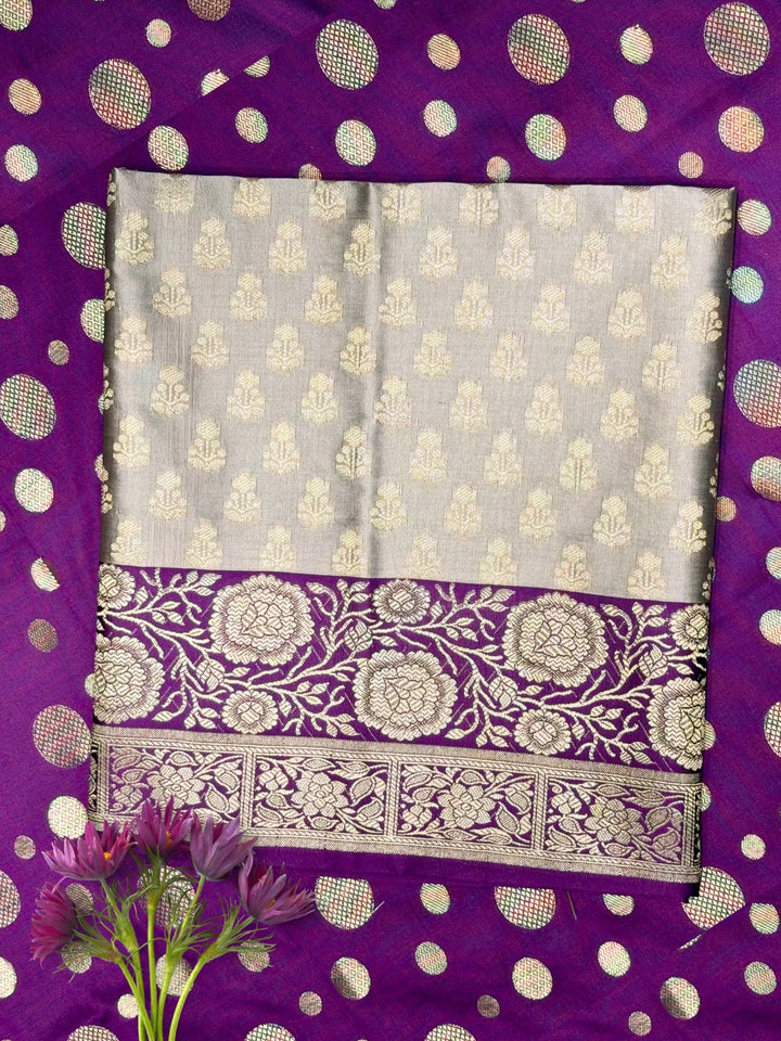 Banarasi Silk Colorblocked Dress Material with Floral Zari Woven Motifs & Jhalar Dupatta