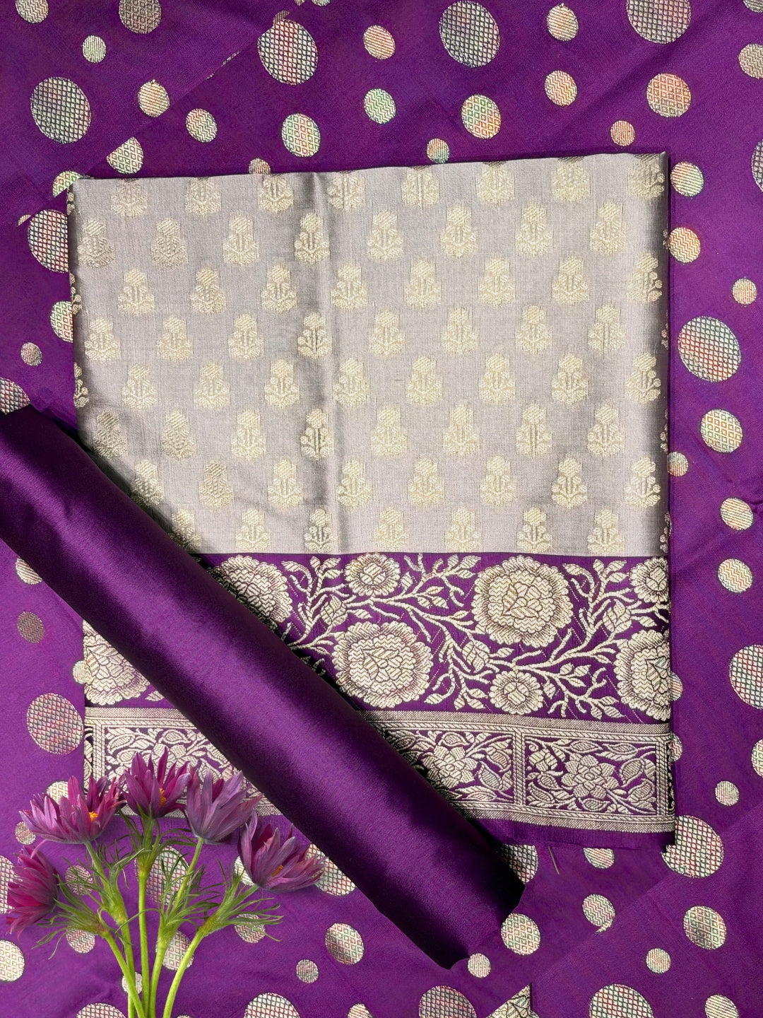 Banarasi Silk Colorblocked Dress Material with Floral Zari Woven Motifs & Jhalar Dupatta
