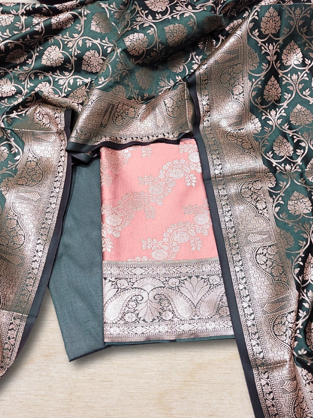 Banarasi Silk Dress Material with Contrast Color Weaving & Leheriya Paisley Pattern