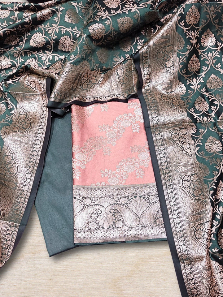 Banarasi Silk Dress Material with Contrast Color Weaving & Leheriya Paisley Pattern