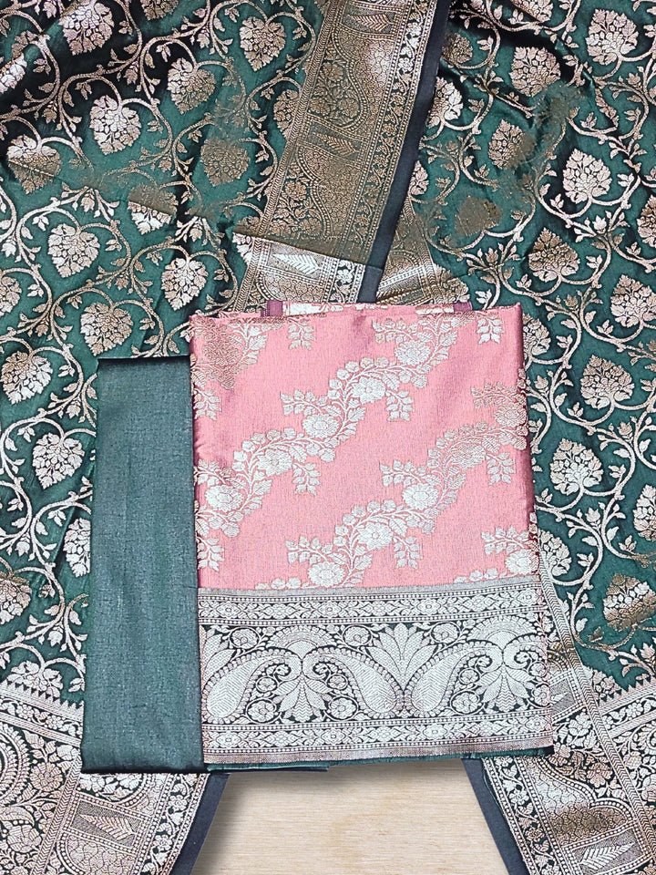Banarasi Silk Dress Material with Contrast Color Weaving & Leheriya Paisley Pattern