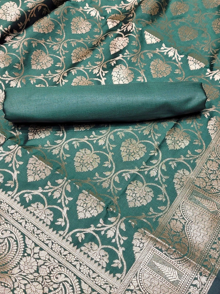 Banarasi Silk Dress Material with Contrast Color Weaving & Leheriya Paisley Pattern