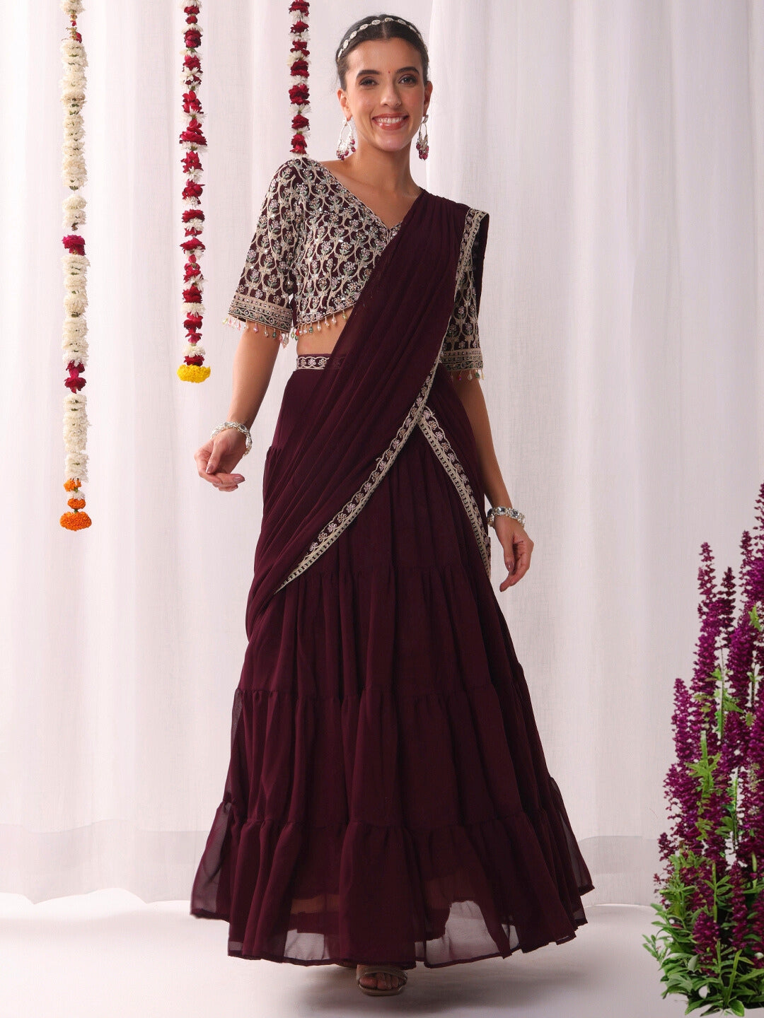 Tiered Georgette Flared Lehenga Set