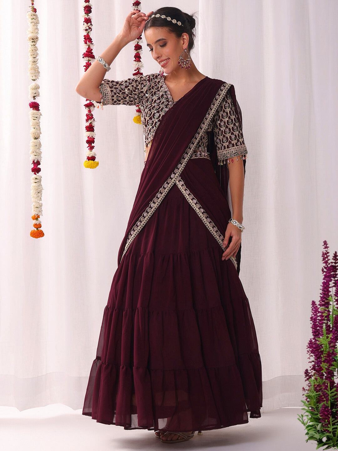 Tiered Georgette Flared Lehenga Set