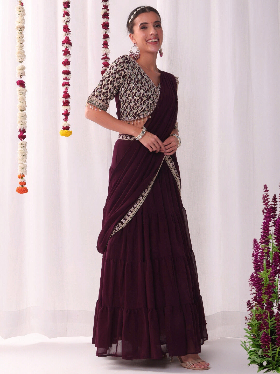 Tiered Georgette Flared Lehenga Set