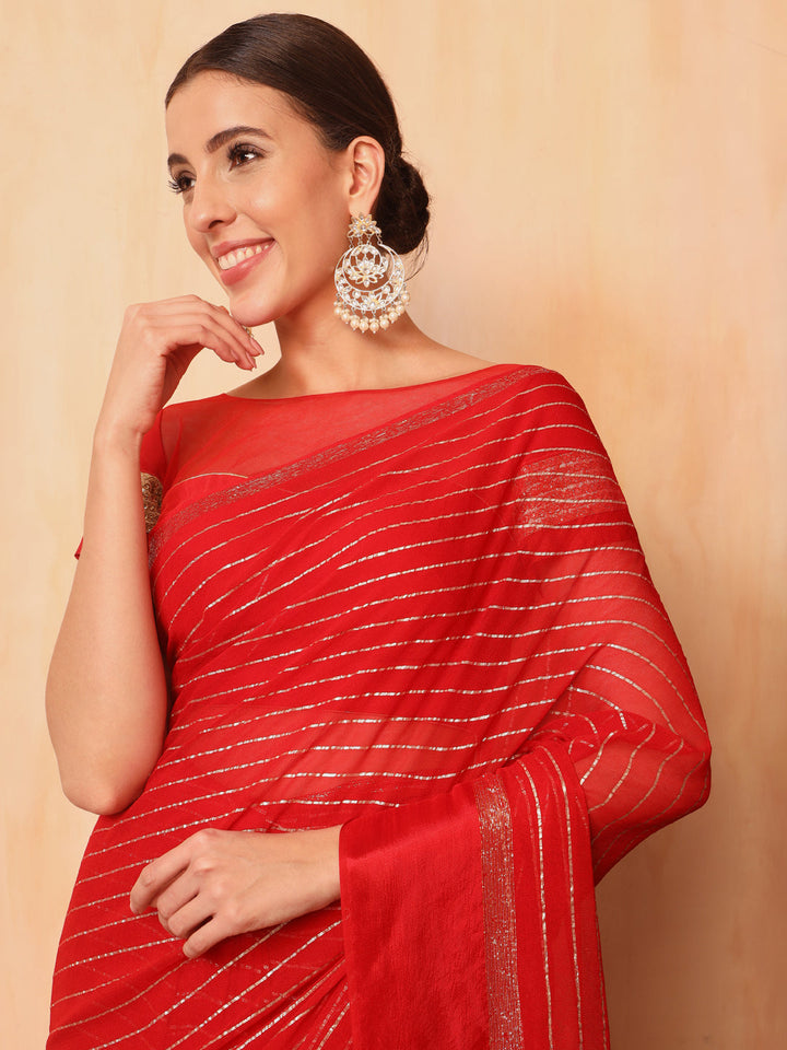 Red Lurex Zari Striped Lightweight Girlish Leheriya Saree