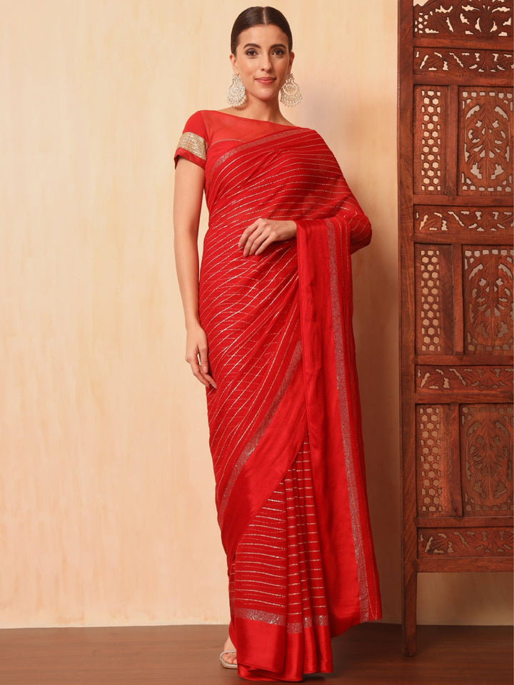 Red Lurex Zari Striped Lightweight Girlish Leheriya Saree