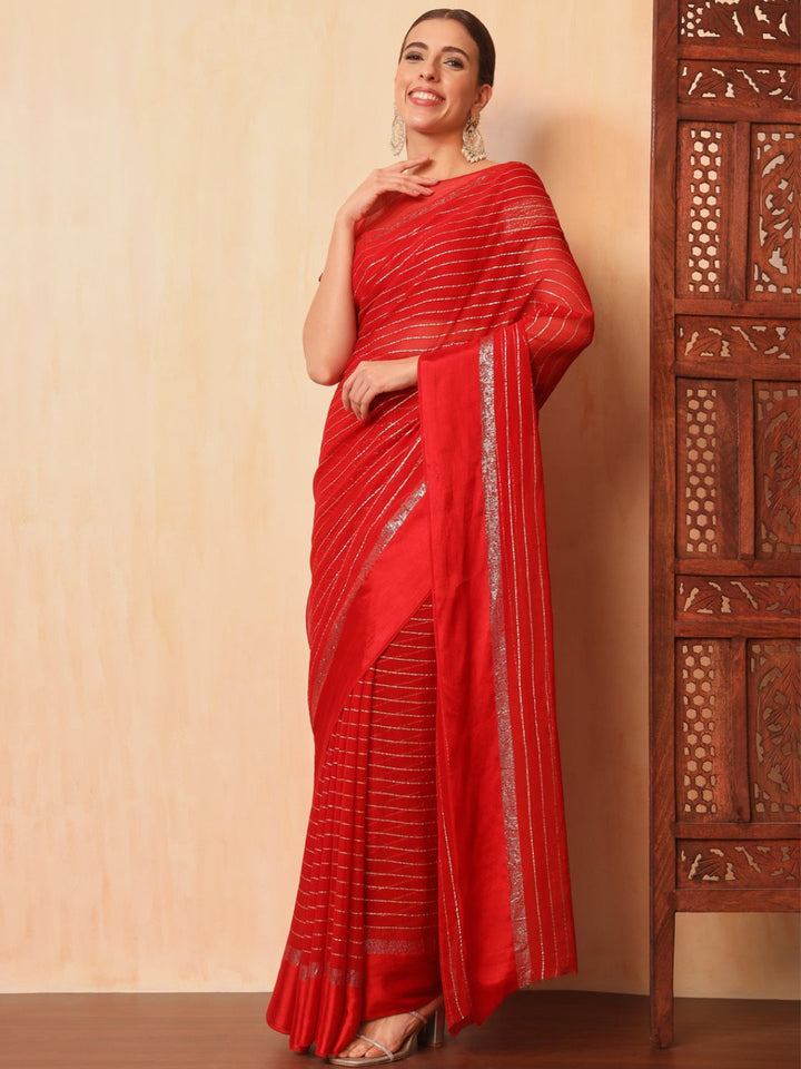 Red Lurex Zari Striped Lightweight Girlish Leheriya Saree