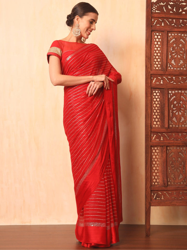 Red Lurex Zari Striped Lightweight Girlish Leheriya Saree