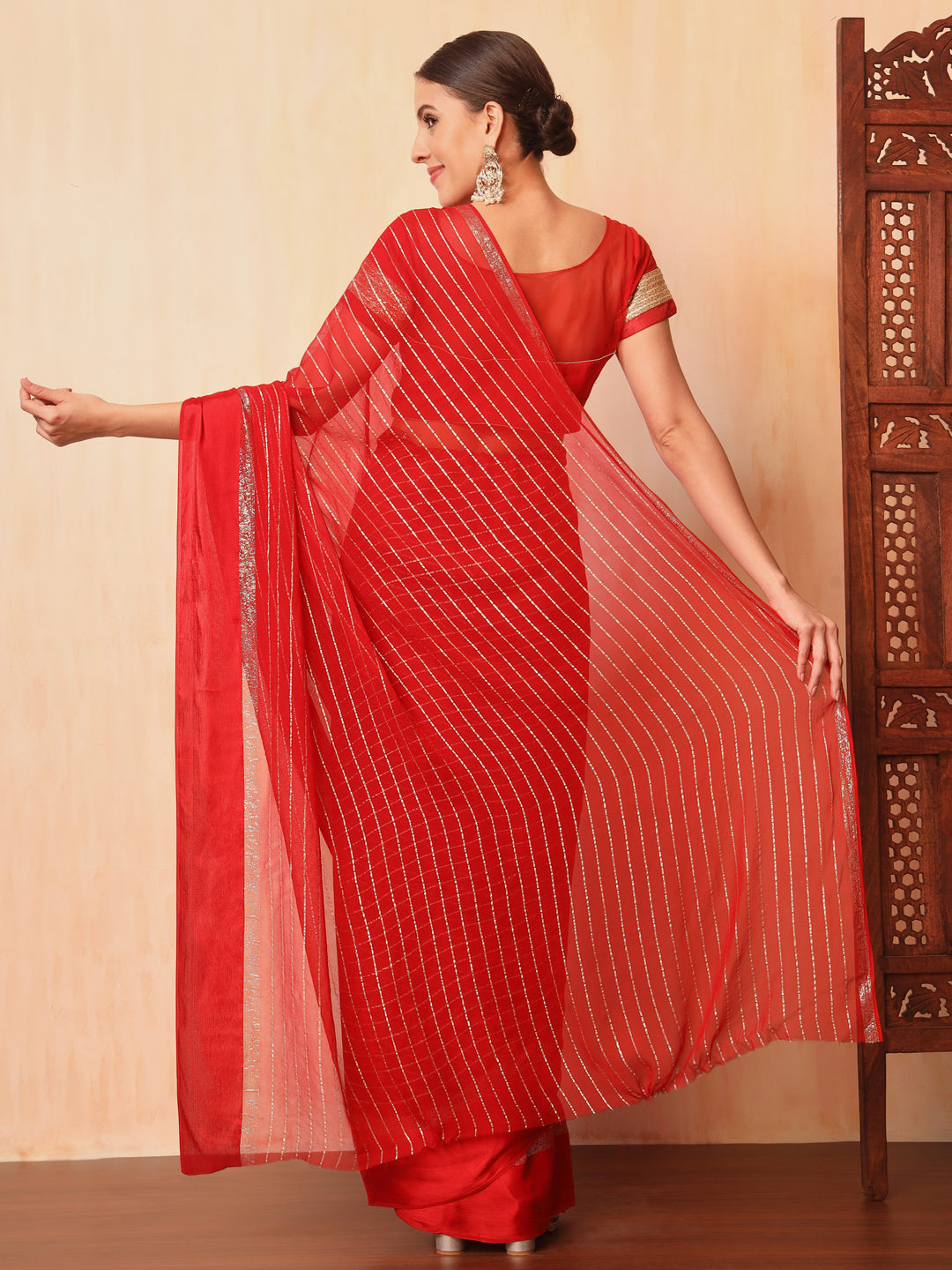 Red Lurex Zari Striped Lightweight Girlish Leheriya Saree