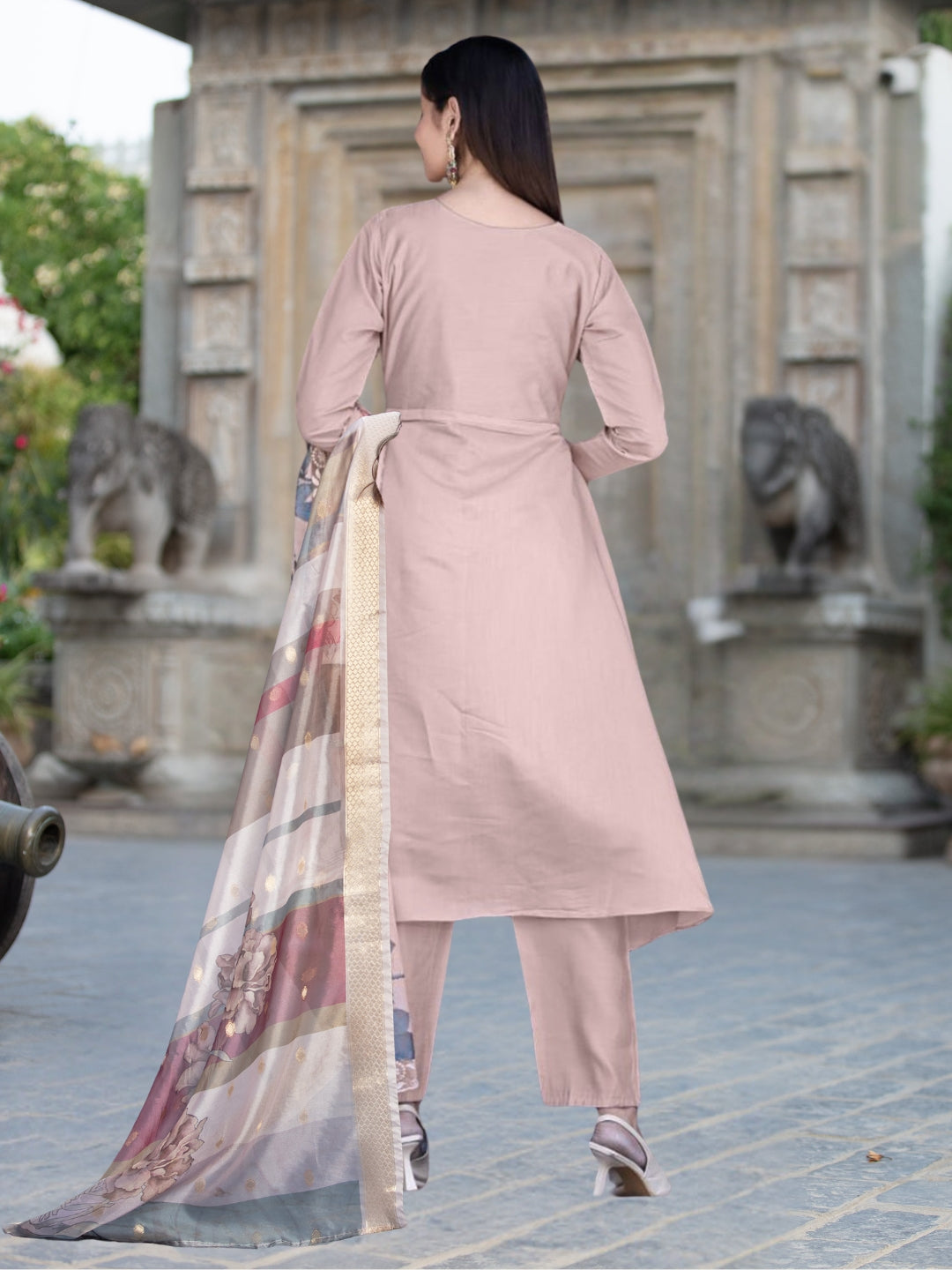 Chhabra 555 Printed & Mirror Work Embellished Straight Kurta With Solid Pant & Printed Dupatta