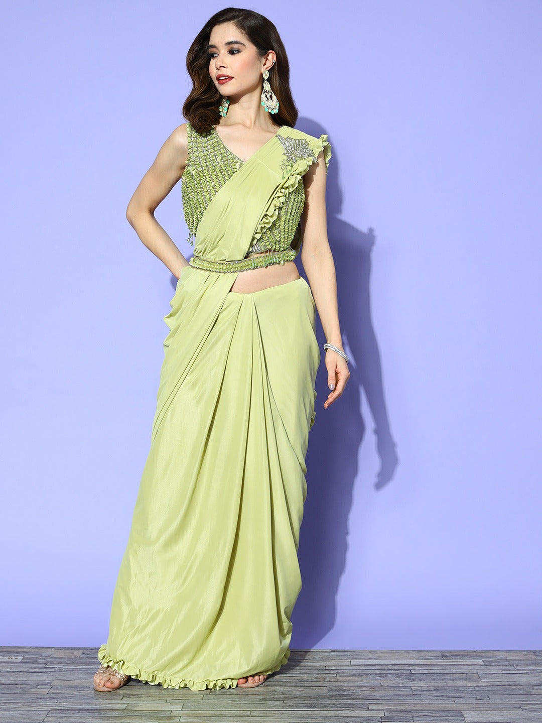 Pre-Draped Lycra Belted Saree With Beads & Sequins Embellish Blouse