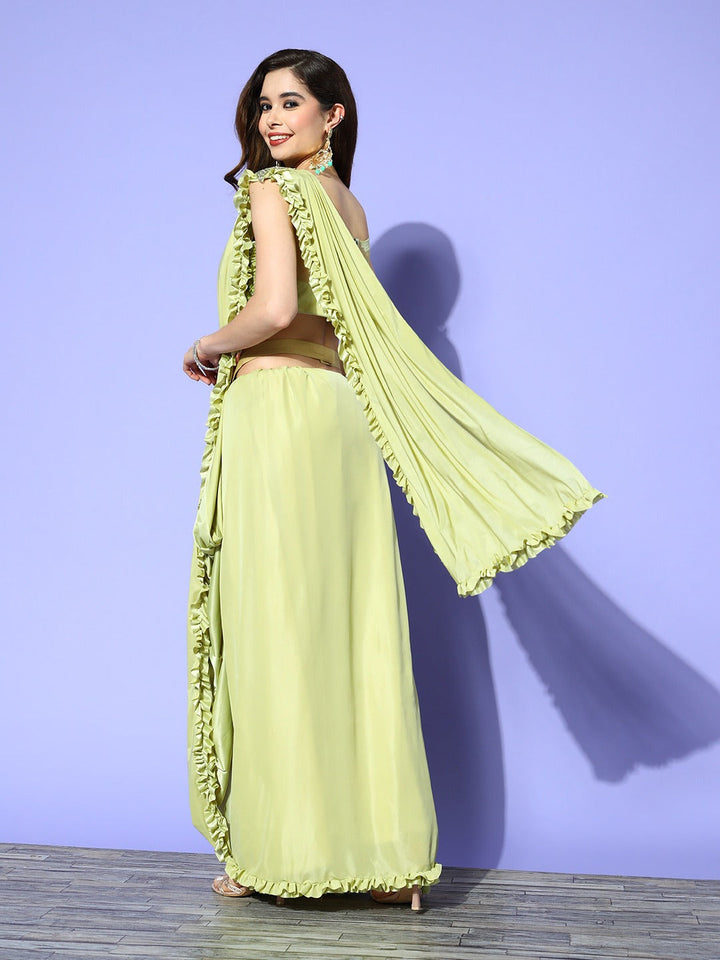 Pre-Draped Lycra Belted Saree With Beads & Sequins Embellish Blouse