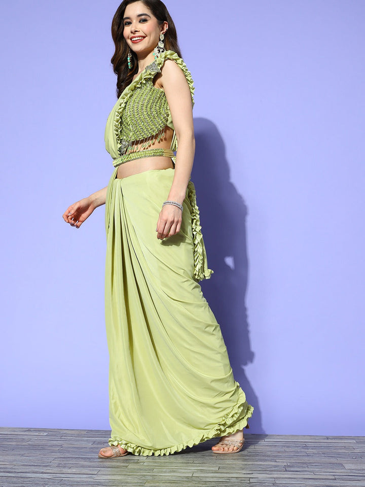 Pre-Draped Lycra Belted Saree With Beads & Sequins Embellish Blouse