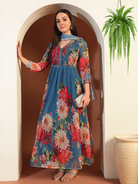Placement Floral Print Pleated Gown with Mirror Embellished Yoke & Matching Dupatta