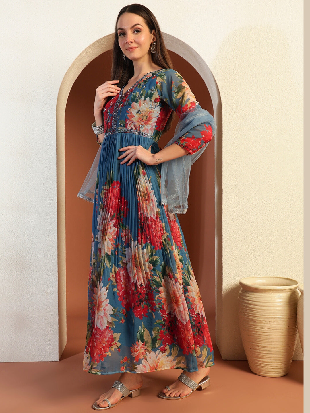 Placement Floral Print Pleated Gown with Mirror Embellished Yoke & Matching Dupatta