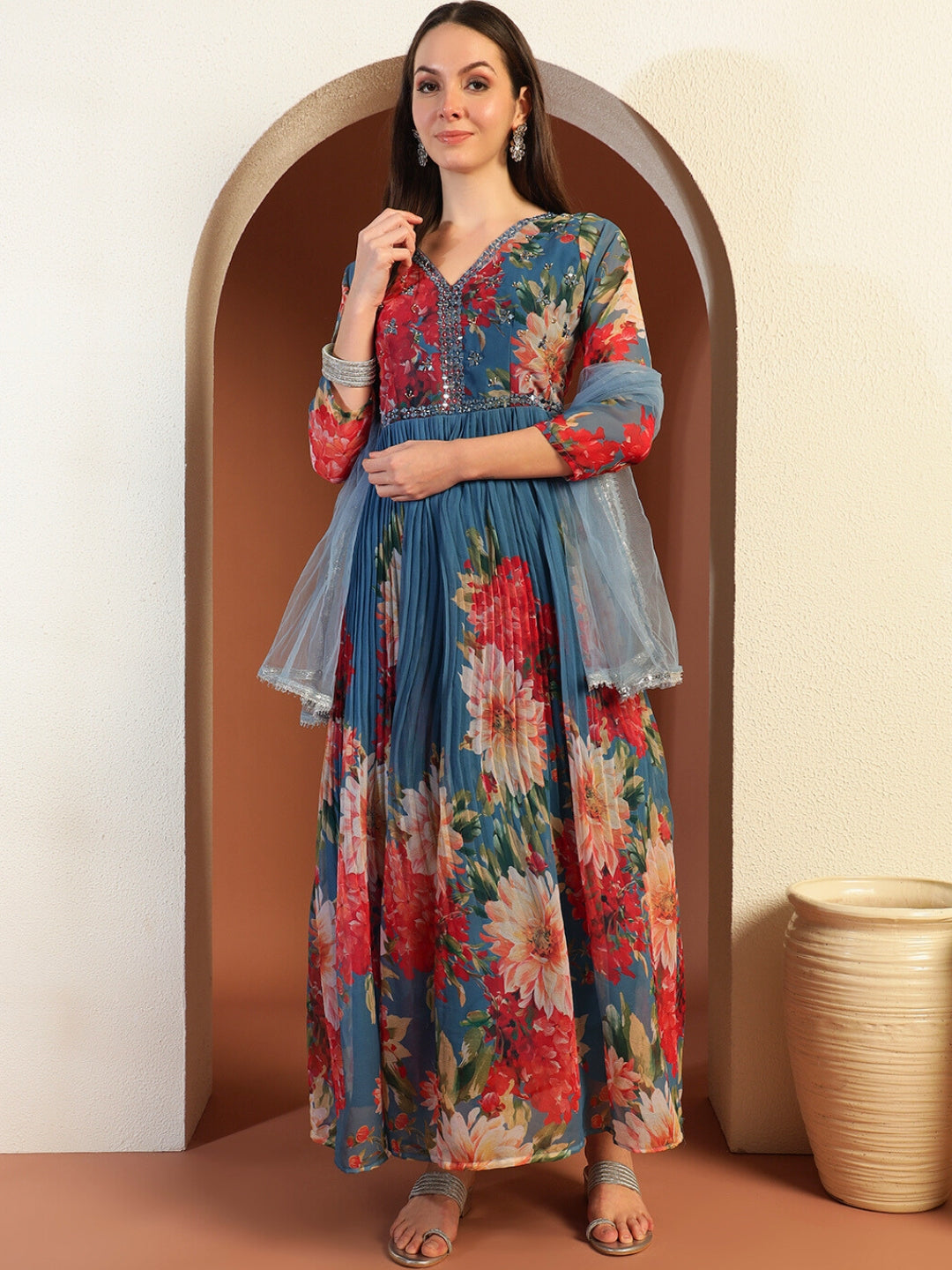 Placement Floral Print Pleated Gown with Mirror Embellished Yoke & Matching Dupatta