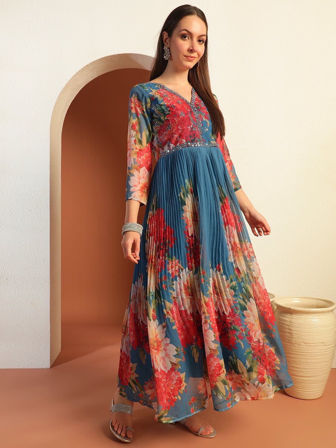 Placement Floral Print Pleated Gown with Mirror Embellished Yoke & Matching Dupatta