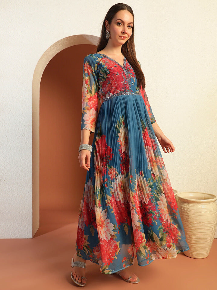 Placement Floral Print Pleated Gown with Mirror Embellished Yoke & Matching Dupatta