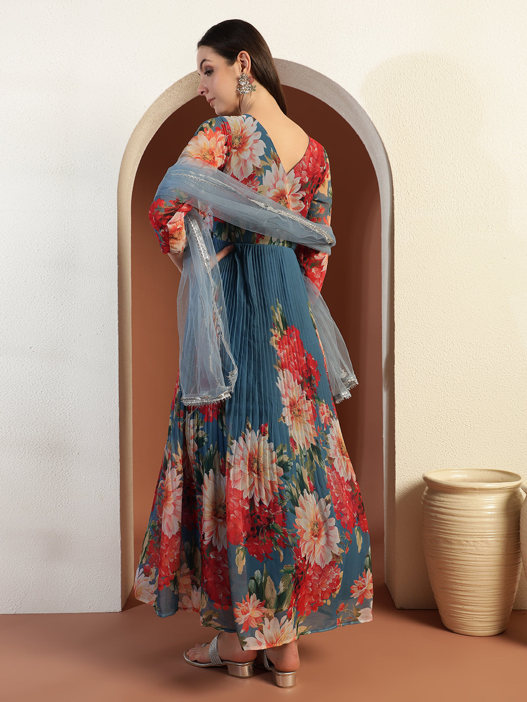 Placement Floral Print Pleated Gown with Mirror Embellished Yoke & Matching Dupatta