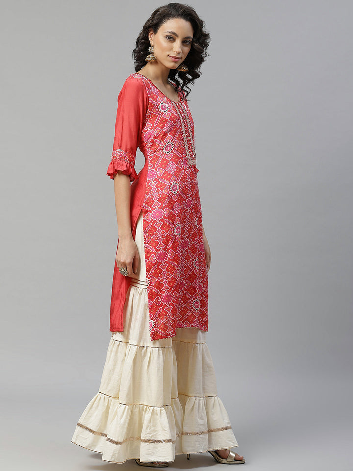 Made to Measure Red Printed Art Silk Kurta, Contrast Cream Readymade Sharara Set with Sequence Zari Embroiderd Dupatta