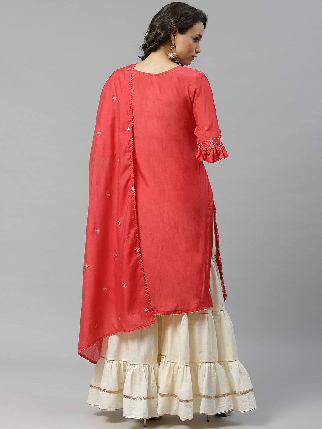 Made to Measure Red Printed Art Silk Kurta, Contrast Cream Readymade Sharara Set with Sequence Zari Embroiderd Dupatta