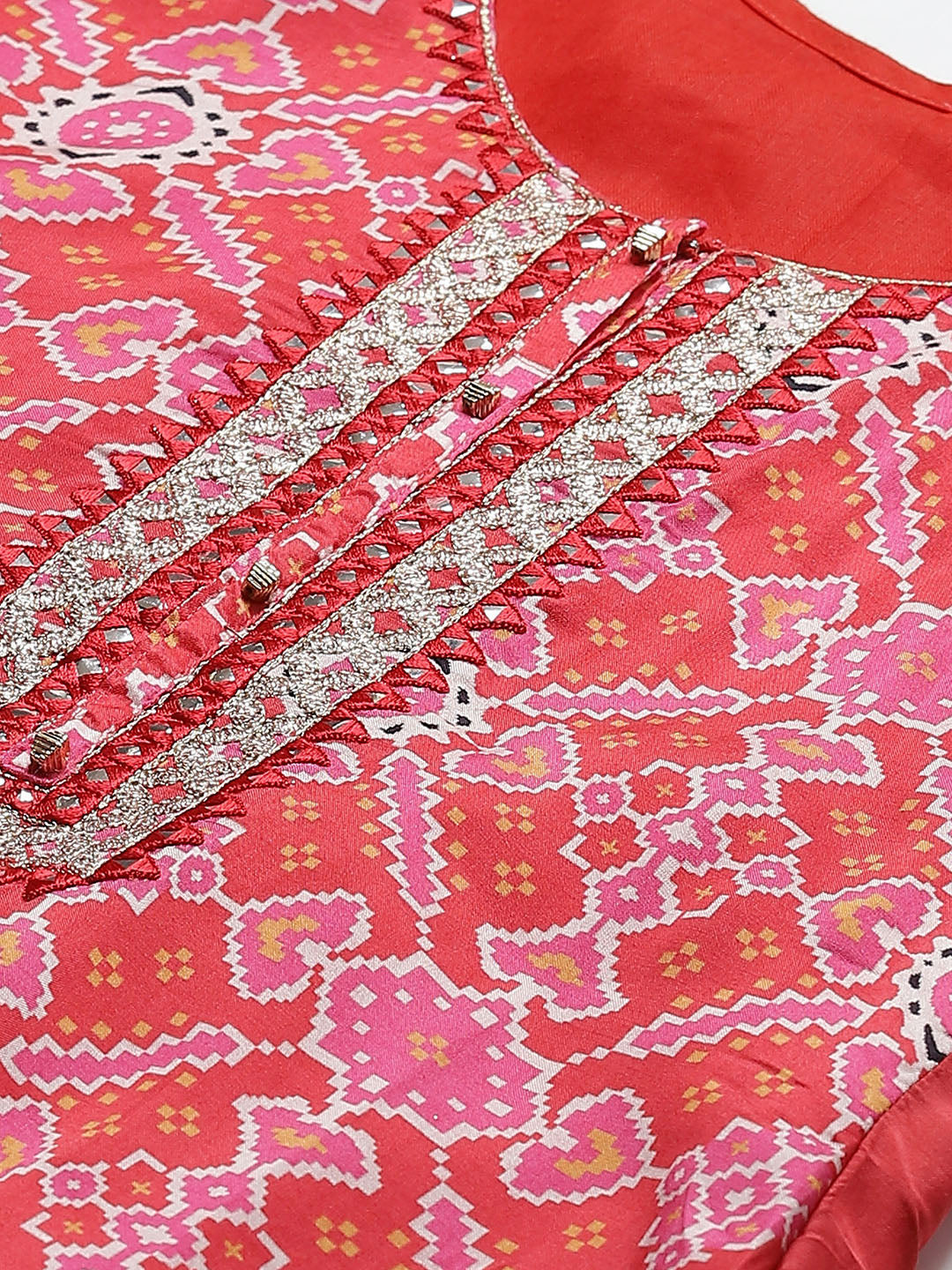 Made to Measure Red Printed Art Silk Kurta, Contrast Cream Readymade Sharara Set with Sequence Zari Embroiderd Dupatta