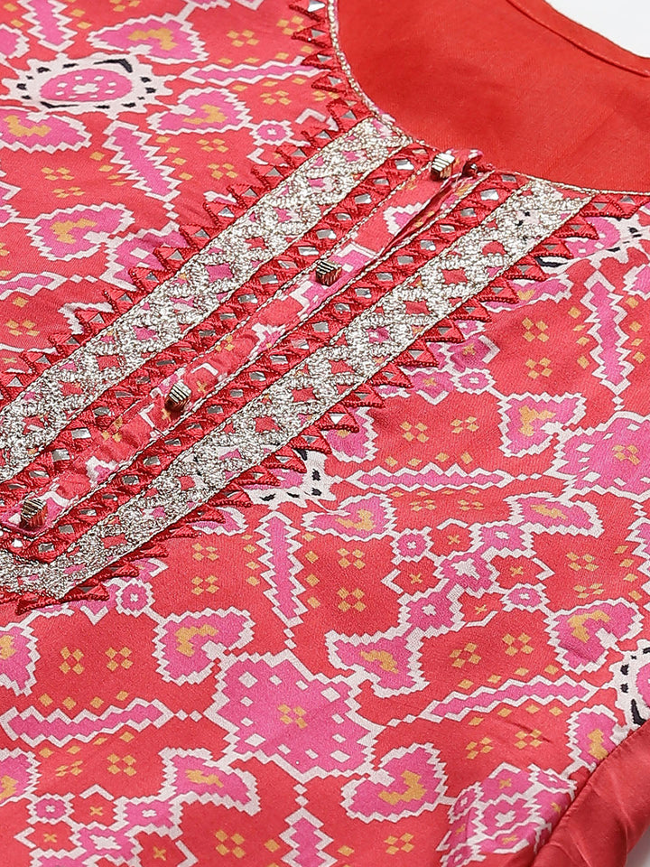 Made to Measure Red Printed Art Silk Kurta, Contrast Cream Readymade Sharara Set with Sequence Zari Embroiderd Dupatta