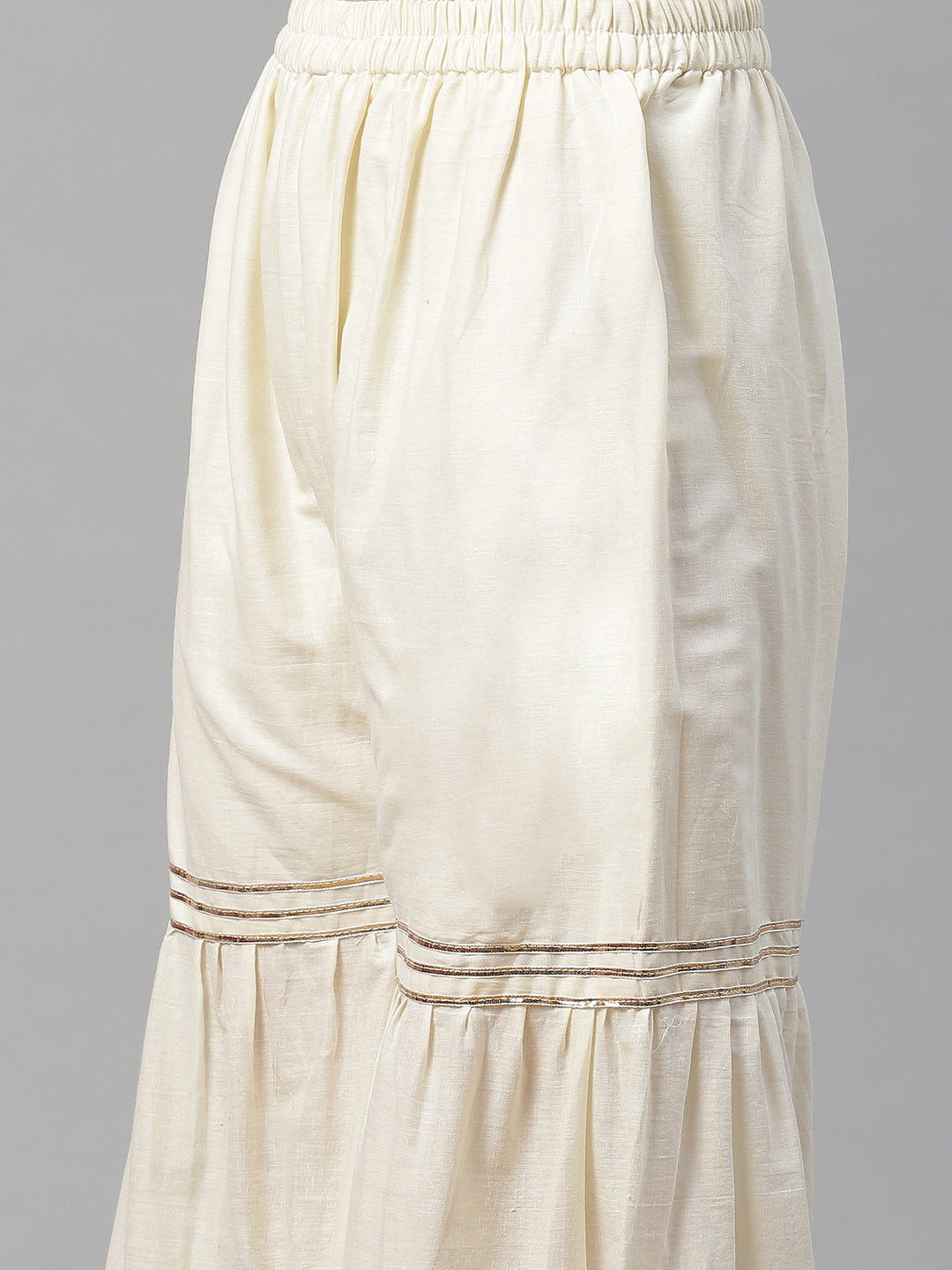 Made to Measure Red Printed Art Silk Kurta, Contrast Cream Readymade Sharara Set with Sequence Zari Embroiderd Dupatta
