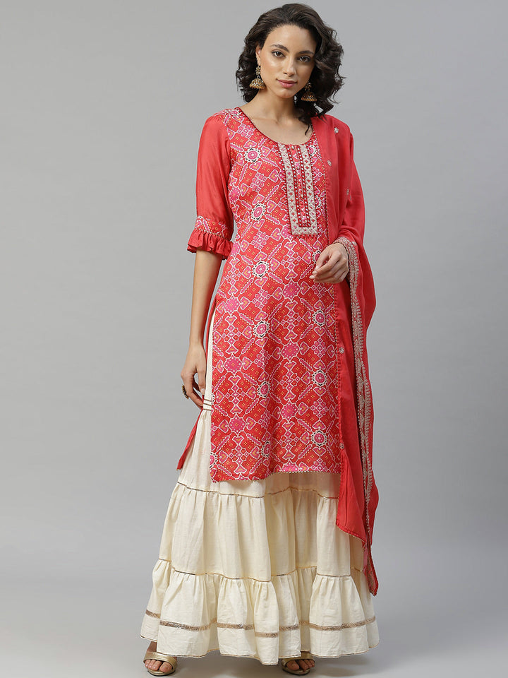 Made to Measure Red Printed Art Silk Kurta, Contrast Cream Readymade Sharara Set with Sequence Zari Embroiderd Dupatta