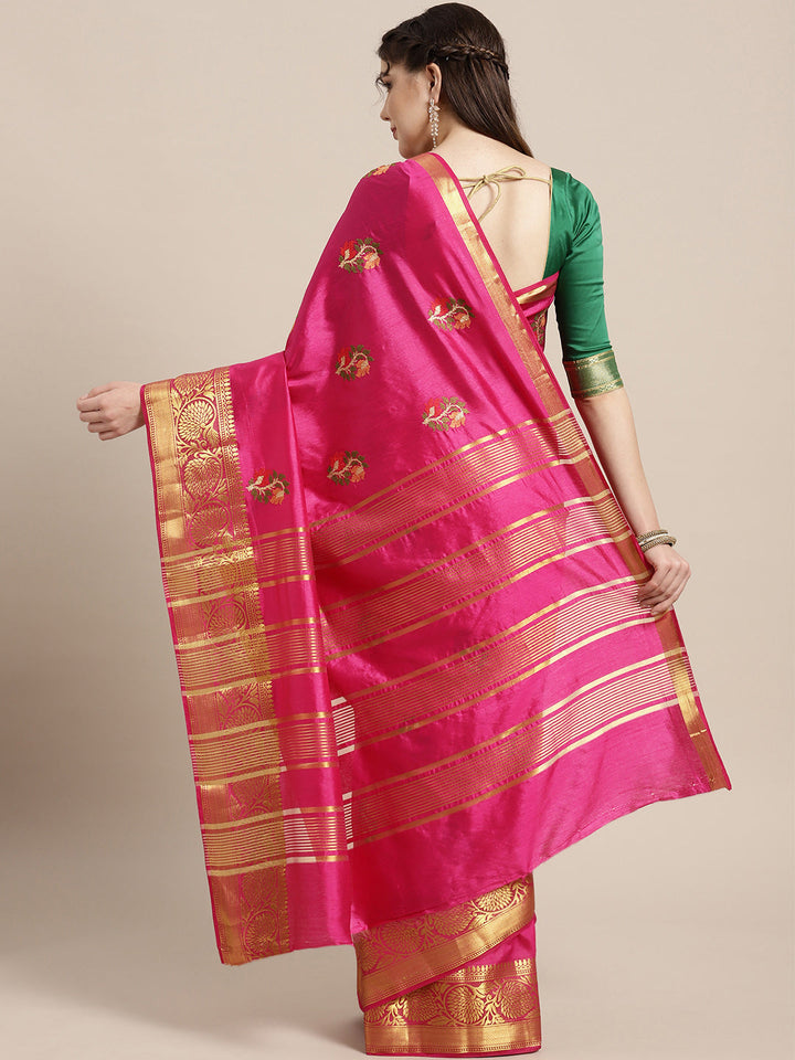 Mysore Silk Saree with Zari Border and Resham Cross Stitch Embroidery