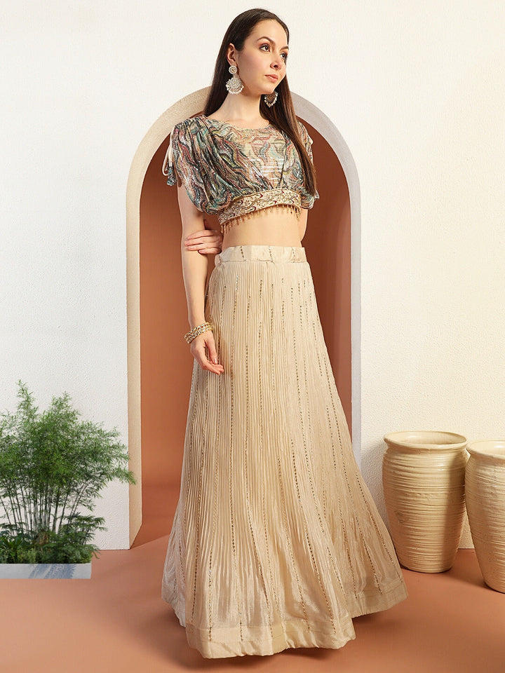 Chhabra 555 Abstract Ombre Print Sequinned Lehenga with Tasseled Pre-pleated Embroidered Crop Top