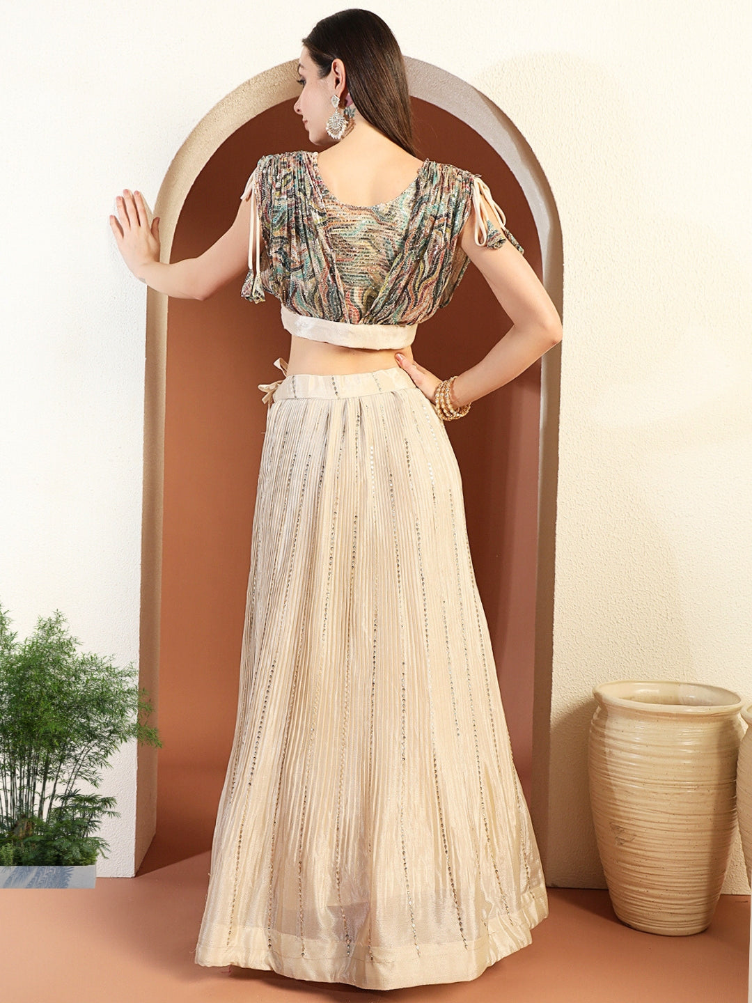 Chhabra 555 Abstract Ombre Print Sequinned Lehenga with Tasseled Pre-pleated Embroidered Crop Top