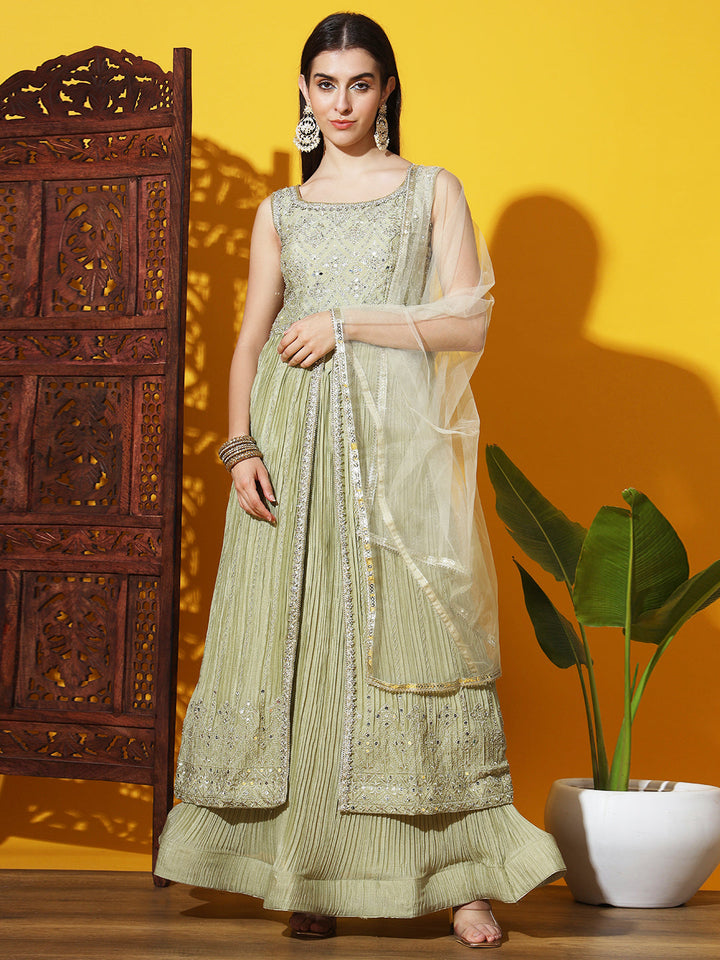 Jacket Style High Slit Kurta with Flared Pleated Lehenga
