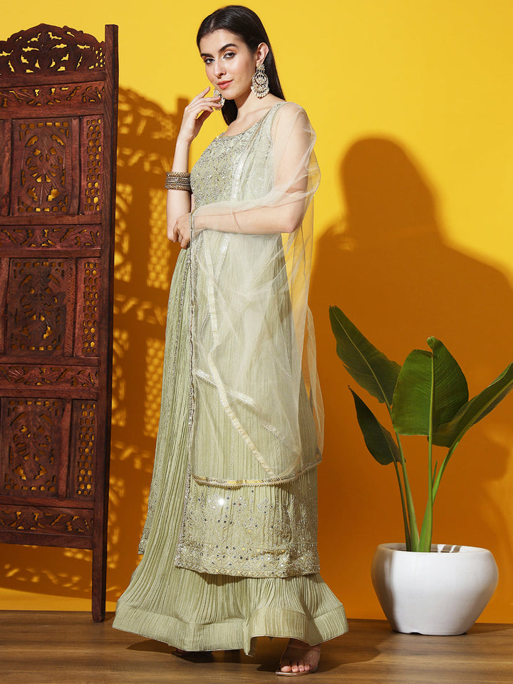 Jacket Style High Slit Kurta with Flared Pleated Lehenga
